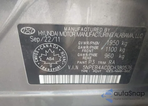 2012 Hyundai Sonata Gl из США, поврежденный, VIN 5NPEB4AC0CH380576